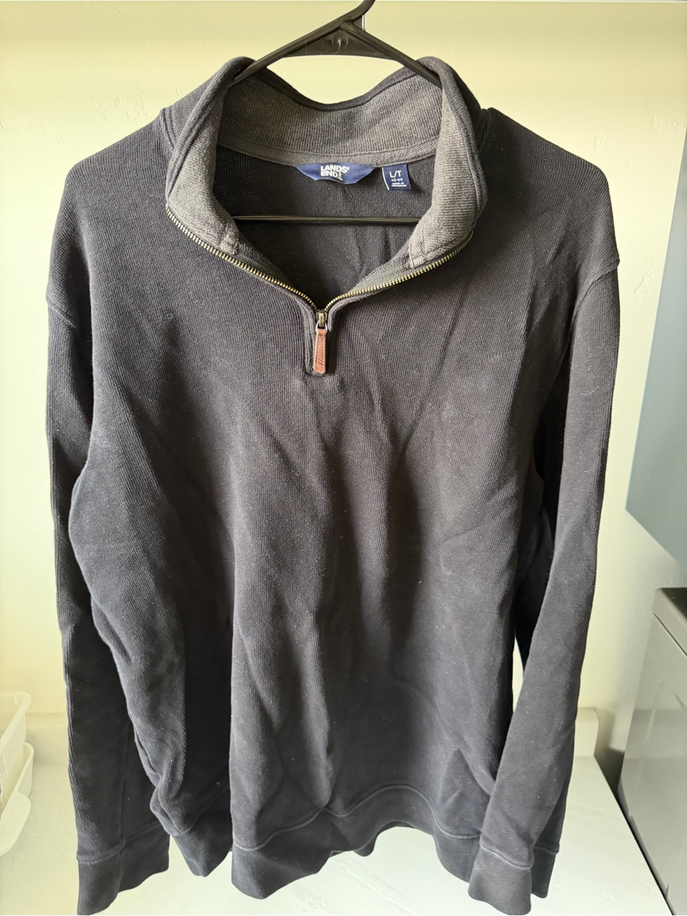 Lands' End Men’s Black Quarter-Zip Sweater with Contrast Gray Collar